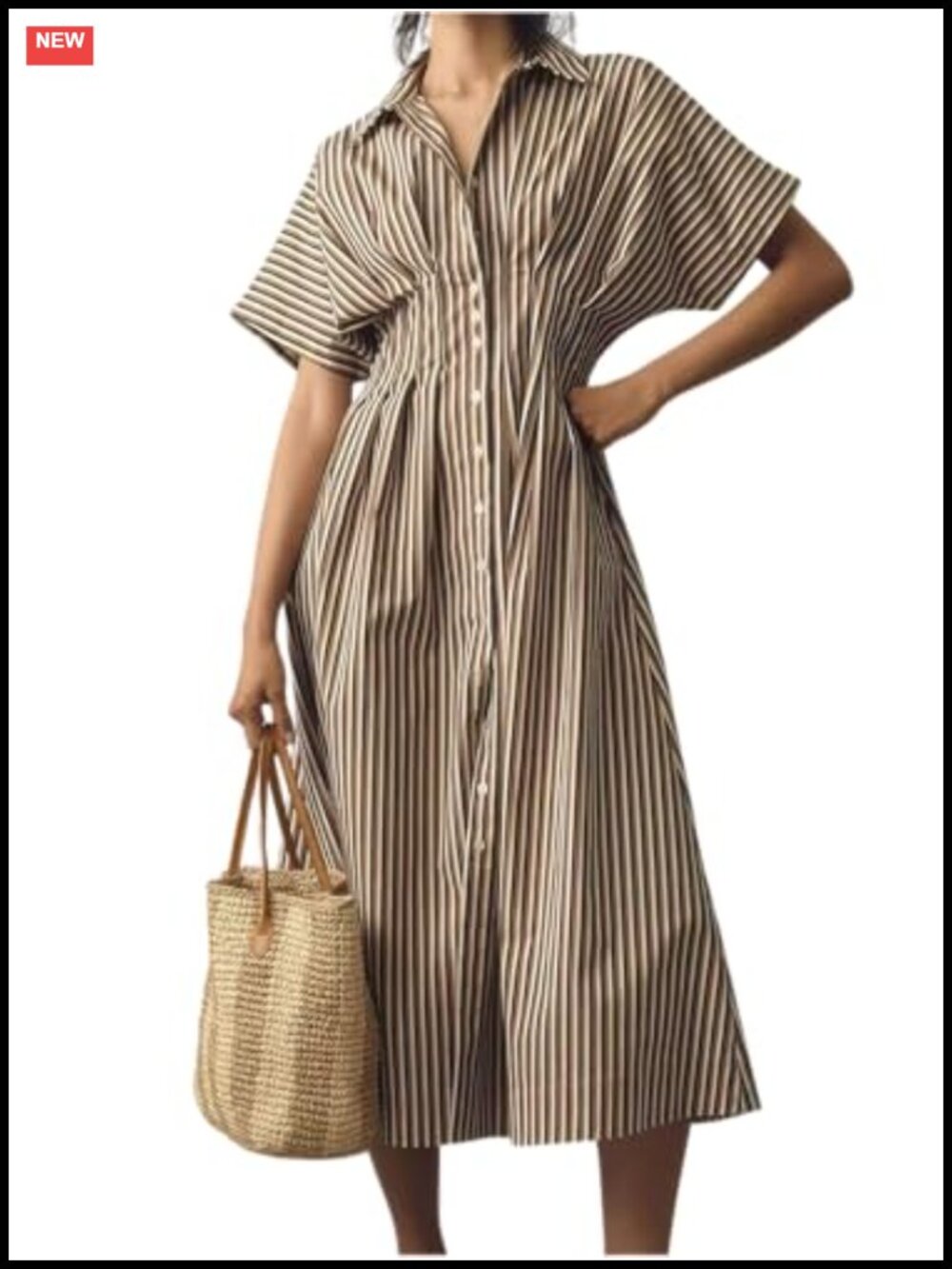 Women's Striped Button Down Shirt Dress Short Sleeve Cotton Midi Tunic with